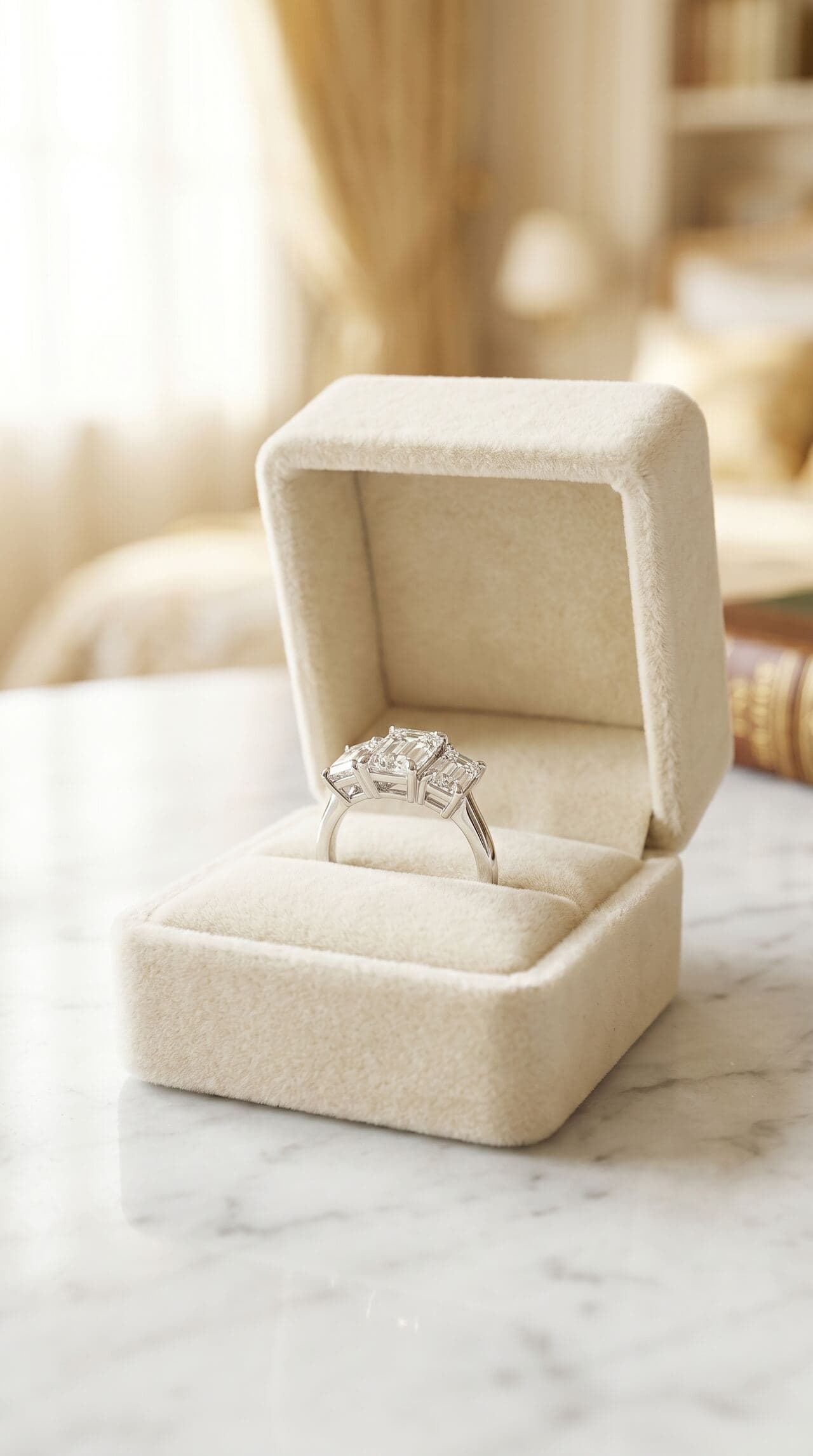 Diamond ring presented in a velvet ring box