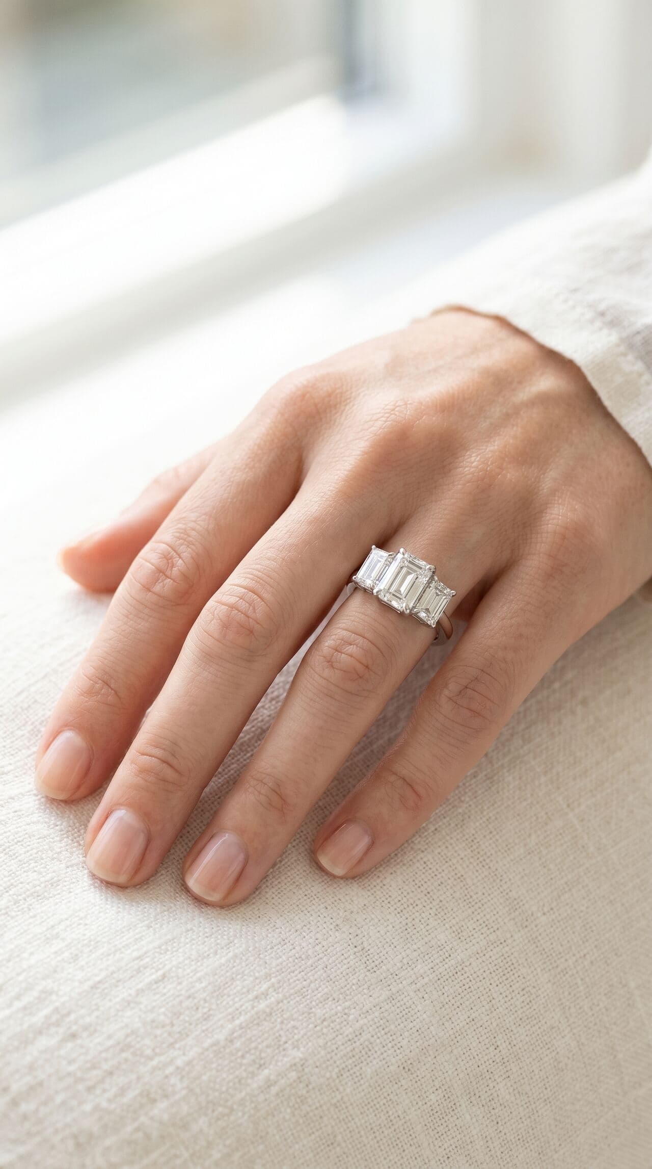 Diamond ring worn on a hand, catching soft daylight